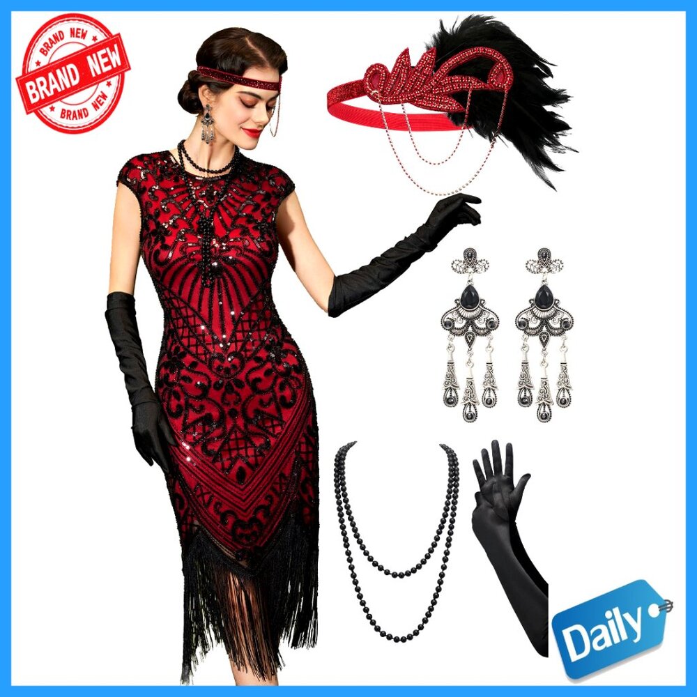 Sequin Flapper Dress with Accessories Set for 1920s Gatsby Costume